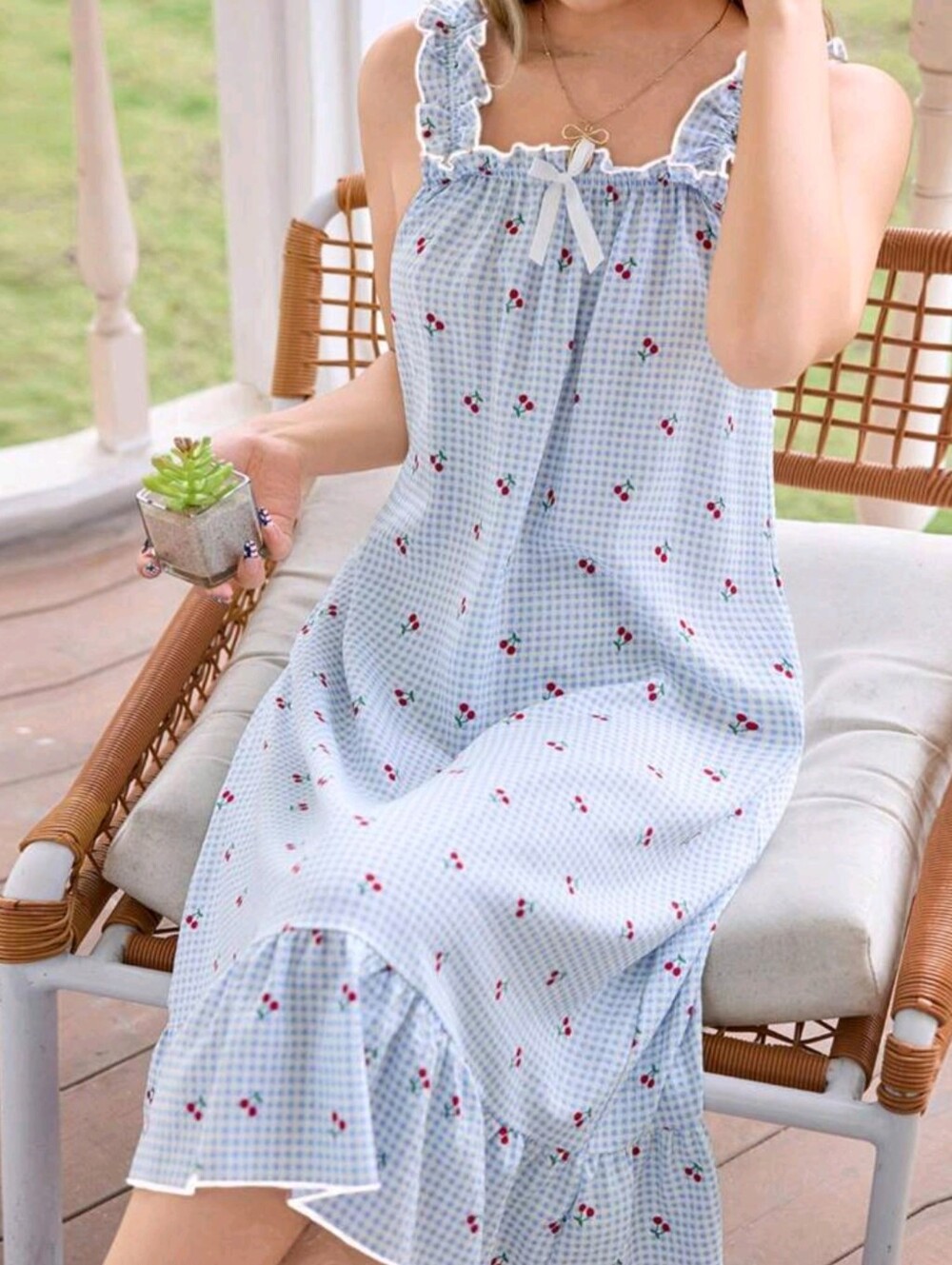 Light Blue Gingham Maxi Dress with Cherry Print
